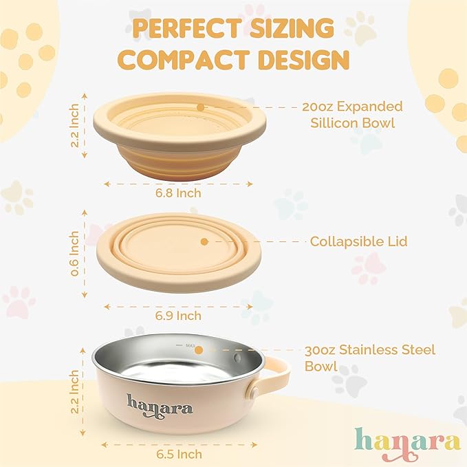 2-in-1 Insulated Dog Bowl with Collapsible Lid & Handle – Stainless Steel, Non-Slip Rubber Base – Portable Pet Water & Food Bowl for Dogs & Cats – 30 OZ + 20 OZ – Indoor & Outdoor (Beige)