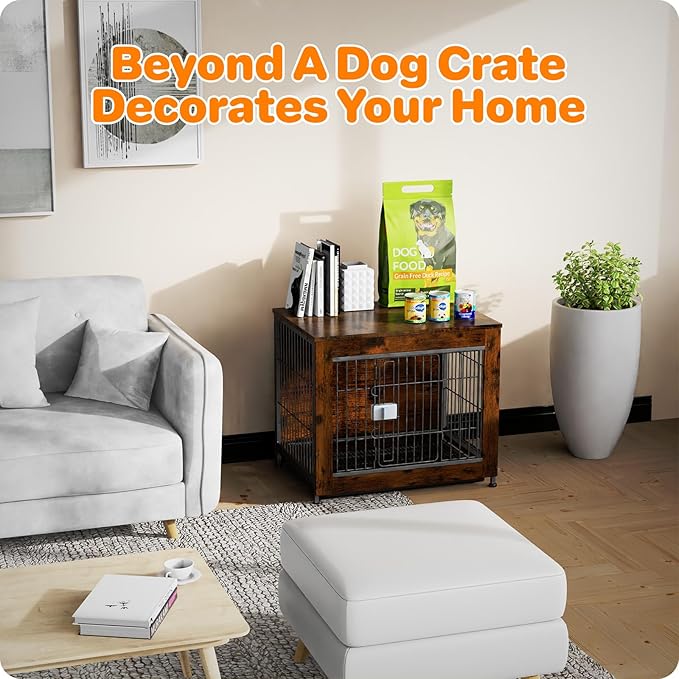 Dog Crate Furniture, Wooden Dog Crate 27in, Decorative Cage with End Table for Dog Indoor Kennel, High Anxiety Dog, Escape-Proof Locks for All Breeds