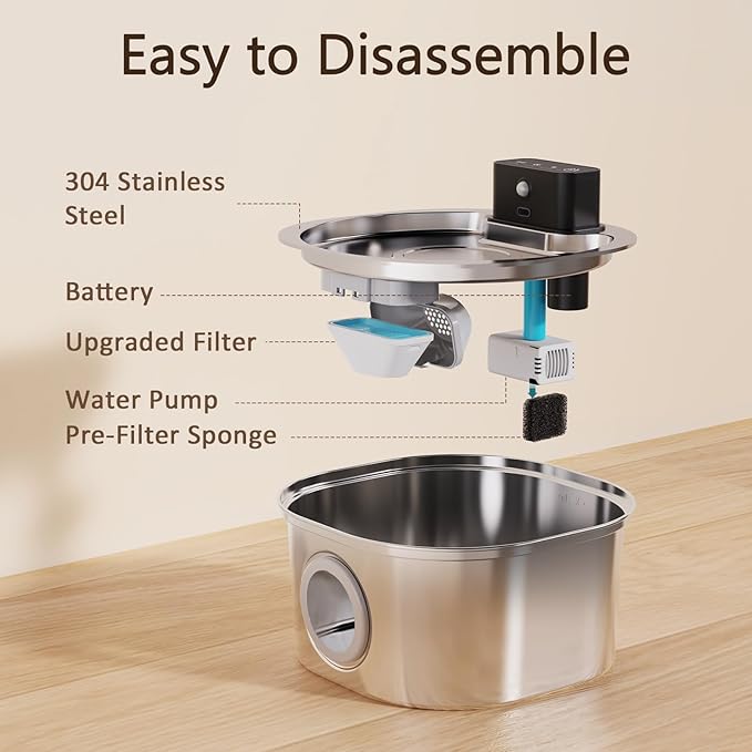 Stainless Steel Wireless Cat Water Fountain: Voluas 3.2L/108oz 3-Modes Pet Drinking Fountain Indoor Cordless Motion Sensor Fountain with 4200mAh Rechargeable Battery Operated