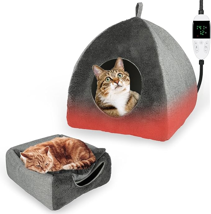 Heated Cat Bed Cave, Adjustable Temperature Heated Pet Bed Indoor with Timer, Cat Cave Bed Cat House with Washable Cushioned Pillow and Chew Resistant Cord Update for Indoor