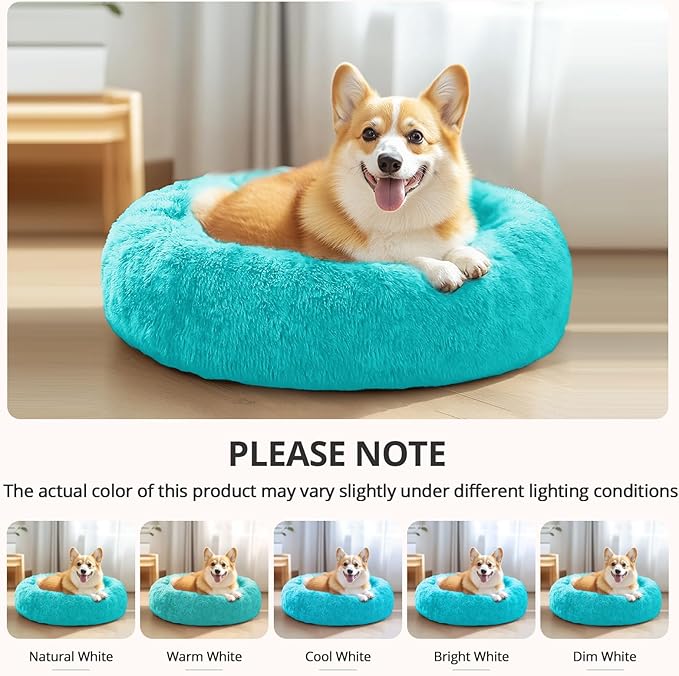 JOLLYVOGUE Calming Dog & Cat Bed for Small Dogs, Anti-Anxiety Donut Cuddler Cozy Soft Round Bed with Anti-Slip Bottom, Fluffy Faux Fur Plush Cushion Beds for Small Medium Pets (20")