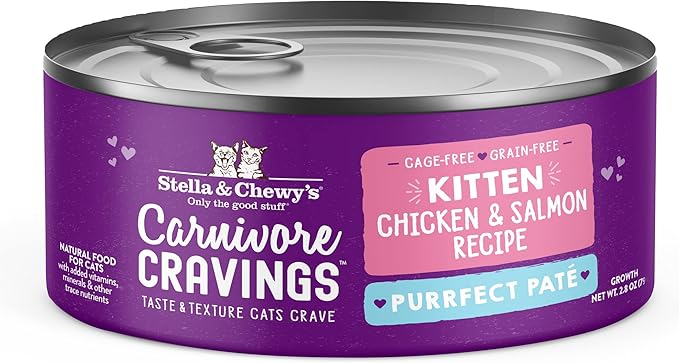 Stella & Chewy's Carnivore Cravings Purrfect Pate Cans – Grain Free, Protein Rich Wet Cat Food – Cage-Free Chicken & Salmon Kitten Recipe – (2.8 Ounce Cans, Case of 24)