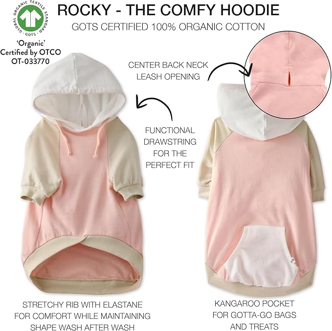 Rocky – The Orginal Lightweight Hooded TEE 100% Organic Cotton Dog Hoodie Pet Coat Sweater for Small, Medium, Large Dogs, Pink Color Block, X-Small
