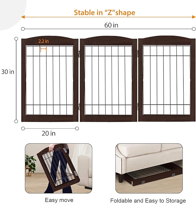 LZRS 3-Panel Freestanding Adjustable Wooden Dog Gate—30" Tall Foldable Pet Barrier with Support Feet, Chew-Resistant Solid Hardwood & Steel Wire Safety Fence for Doorways, Hallways, and Stairs, Walnut