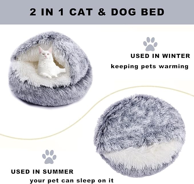 Cat Cave Bed Round Plush Fluffy Hooded Cat Bed Cozy Cats beds Cushion Sofa for Small Dogs Pet Beds Doughnut Calm Anti-nxiety Dog Bed - Waterproof Bottom Washable