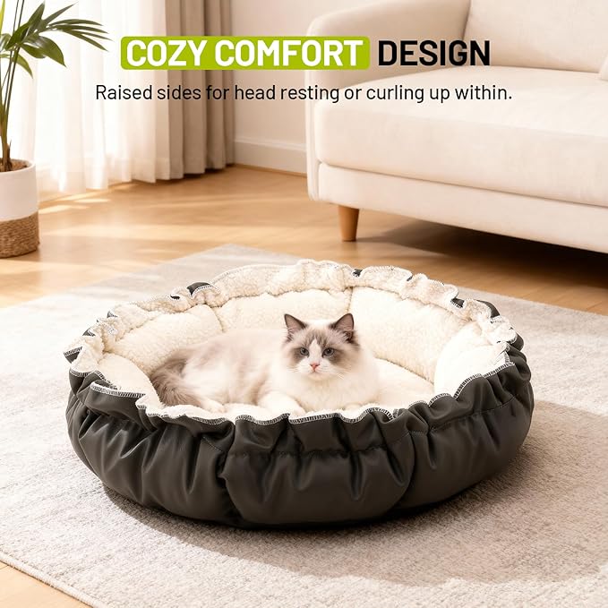 20.8Inch Cat Bed for Indoor Cats, 2-Sided Reversible Pet Bed, Adjustable Drawstring Kitten Bed, Small Dog Beds and Furniture for Puppy, Kitty, with Black Water-Resistant Anti-Slip Bottom