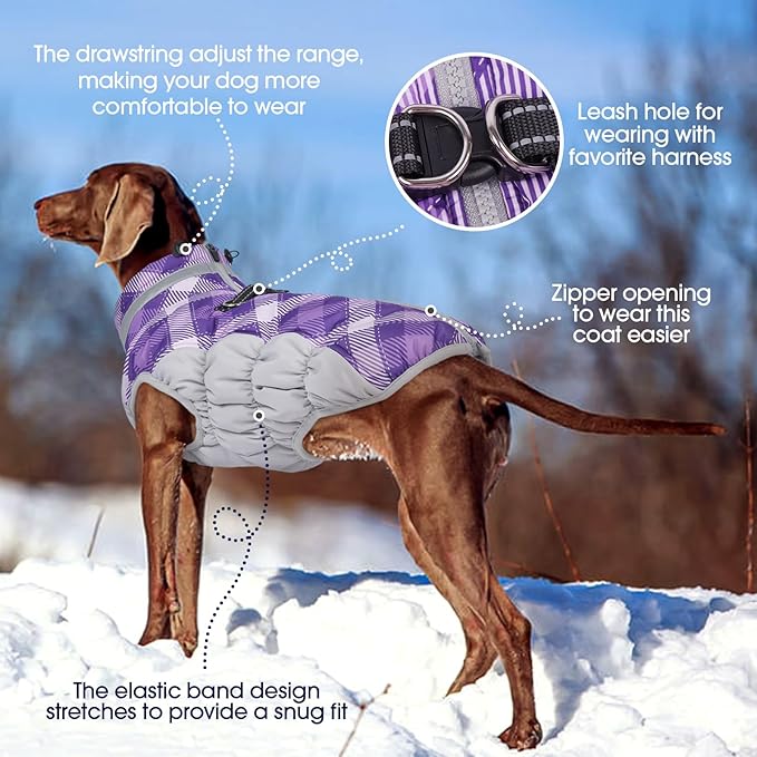 FUAMEY Dog Coat for Large Dogs,Waterproof Dog Winter Jacket with Harness Built in Puppy Cold Weather Coats Reflective Pet Vest with Zipper Warm Fleece Dogs Snowsuit Windproof Purple Plaid L