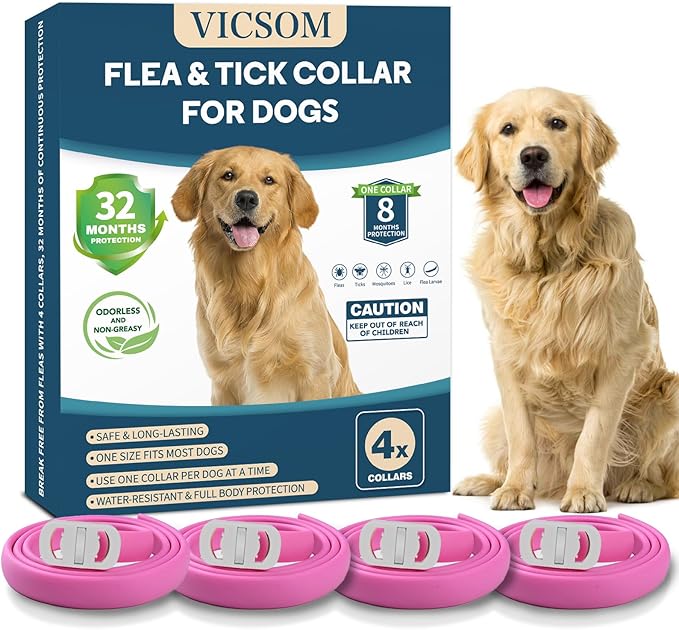 4 Pack Flea Collar for Dogs, Flea and Tick Collars for Dogs, 32 Months Flea and Tick Prevention for Dog, Dog Flea and Tick Treatment, Water-Resistant & Adjustable Flea Collar - Pink
