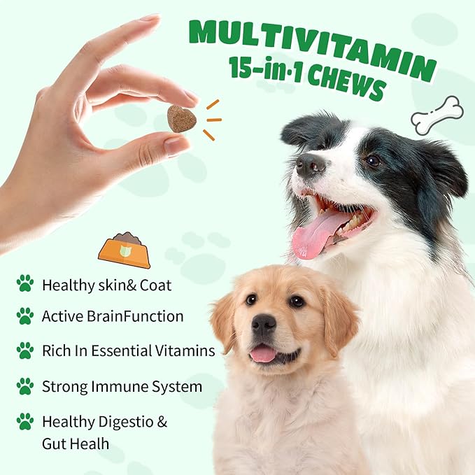 Premium Multivitamin Chewable for Dog - Dogs Vitamins Supplements with Glucosamine HCL Omega-3 Antioxidants Support Digestion Joint Health Immune Function Skin & Coat, Beef Flavor 100 Soft Treats