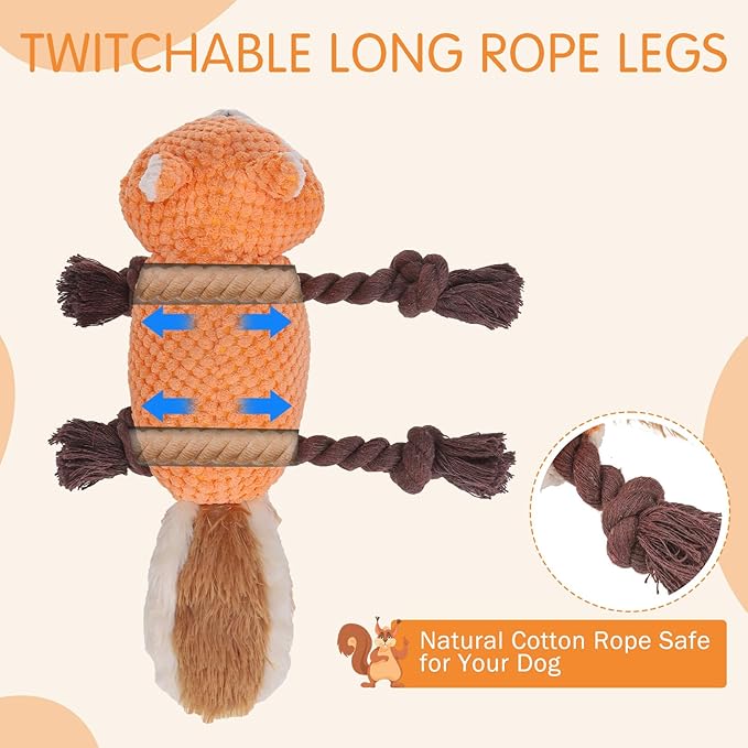 SCENEREAL Tug of War Stuffed Dog Toys for Small Medium Large Dogs,Durable Squeaky Interactive Dog Chew Toys, Keep Them Busy Dog Chew Guard Technology with Rope for Training Indoor(Squirrel, Orange)