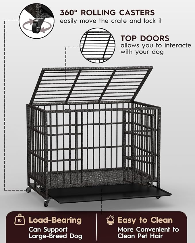 48In Heavy Duty Dog Crate, Indestructible Escape-Proof Kennel for Large Dogs, XL Dog Crates, Double Door, with Removable Tray and Wheels, Ideal for High-Anxiety Dogs