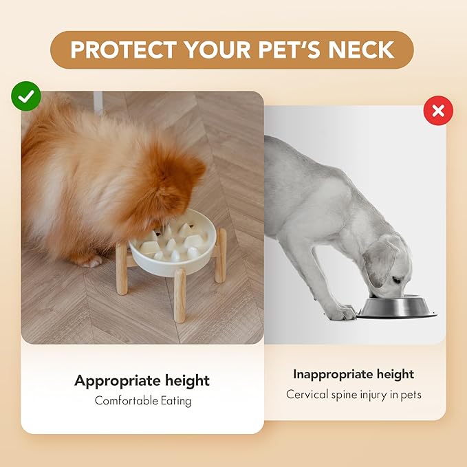 6.1inch Ceramic Dog Raised Slow Feeder Set, Elevated Bowl with Wooden Stand for Small Dog, Pet Slow Feeder Dish for Fast Easters, Preventing Choking (Beige, Single Bowl+ Stand)
