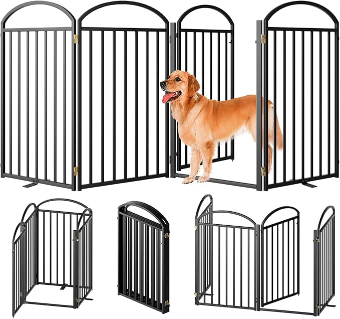 4 Panels Full Matel Freestanding Dog Gates with Door, 96"Extra Wide 36"Tall Free Standing Dog Pet Gate for Indoor & Outdoor. Foldable Pet Fences for Doorways, House, Stairs, Porch, Deck, Yard
