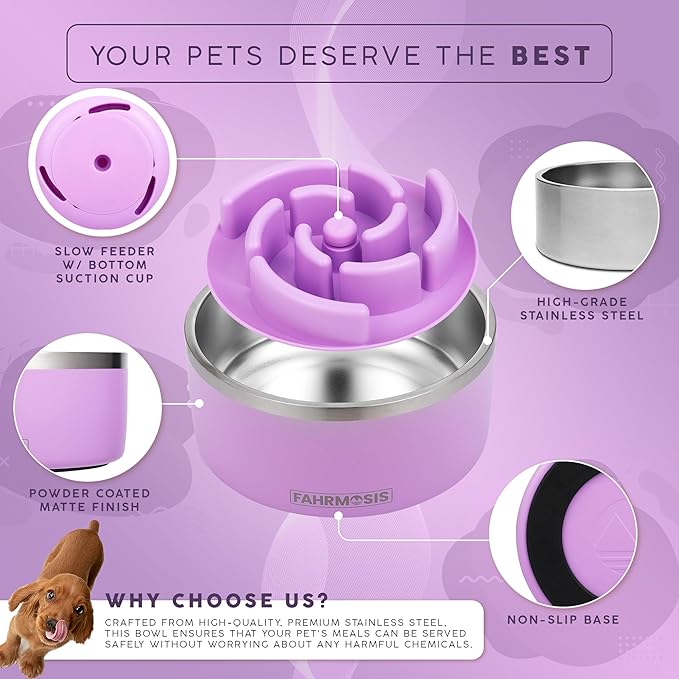 32 Oz Dog Bowl with Slow Feeder Insert Stainless Steel Pet Water Bowl for Medium & Large Breed Non Slip Rubber Base & Plastic Puzzle Feeder - Lavender