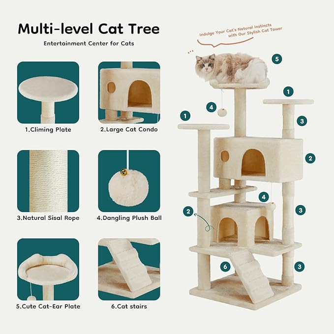 DUMOS 54-inch Indoor Cat Tree Tower –Multi-Level Pet House for Large Cats with 2 Condos, Scratching Posts, Round Platform, Small Ladder, and Toys, Beige