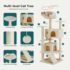 DUMOS 54-inch Indoor Cat Tree Tower –Multi-Level Pet House for Large Cats with 2 Condos, Scratching Posts, Round Platform, Small Ladder, and Toys, Beige