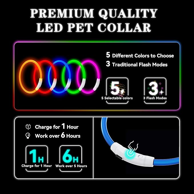 Led Light Up Dog Collar Rechargeable Waterproof, Glow in Dark Dog Collar, TPU Cuttable Lighted Dog Collars for Night Walking Charging USB, Safety for Small Medium Large Dogs Blue