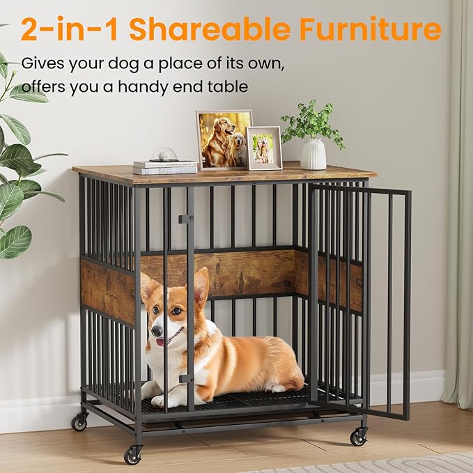 Dog Crate Furniture for Small Dogs, 31 Inch Indoor Puppy Kennel, Wooden Pet Cage Decorative Corner End Table with Caster Wheels & Removable Tray, Rustic Brown