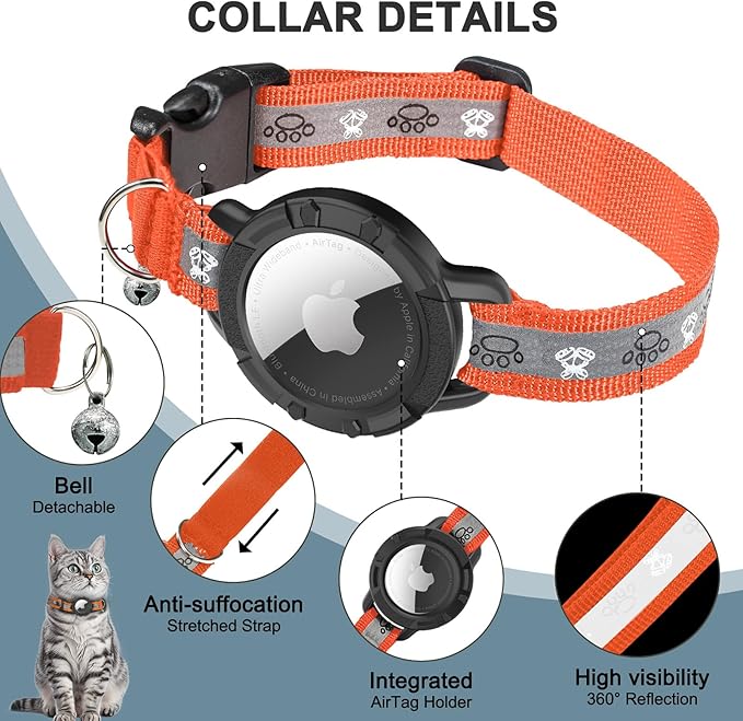 Reflective AirTag Cat Collar, Integrated Cat Tracker Collar with Air Tag Holder and Bell, Safety Elastic Band Cat GPS Collars for Girl Boy Cats, Kittens and Puppies (Orange, S)