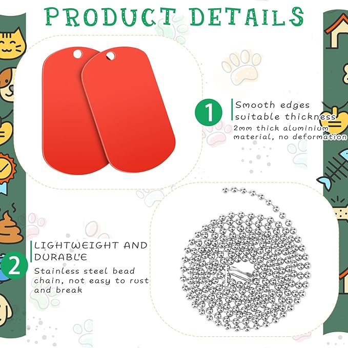 Yinkin 200 Pcs Personalized Military Dog Tags Set Including 100 Pcs Aluminum Blank Dog Tags for Engraving 100 Ball Steel Chain Rectangle Metal Blank Stamping Label for DIY Craft(Red)