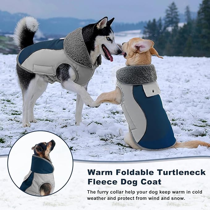 Doglay Dog Jacket Waterproof Dog Coat, Reflective Cold Weather Winter Coat, Adjustable Turtleneck Fleece Puppy Snow Jacket with Harness Hole for Small Medium Large Dogs