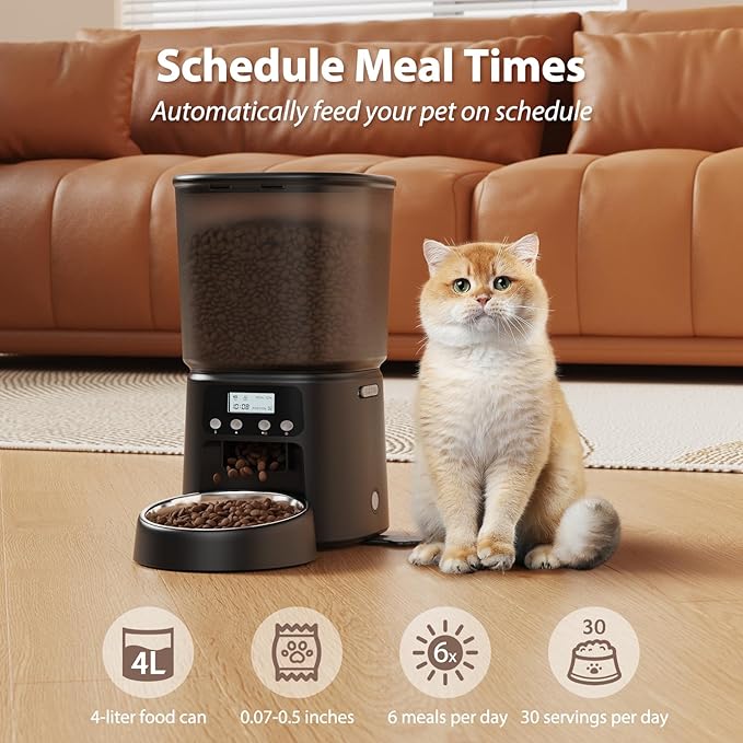 Automatic Cat Feeder,4L Timed Cat Dry Food Dispenser,Pet Feeder up to 6 Meals and 30 Portions per Day,10S Voice Record,Flexible Schedule Timer,Dual Power,Stainless Steel Bowl,for Cats and Small Dogs