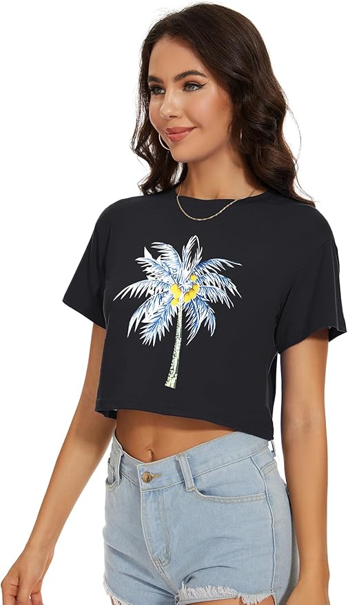 Womens Summer Crop Tops Short Sleeve Round Neck T-Shirts Loose Fit Casual Blouse