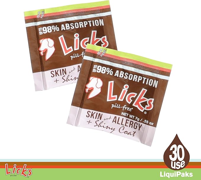 Licks Pill-Free Dog Skin & Allergy - Omega 3 Dog Allergy Relief - Vitamins & Supplements for Itch Relief - Turmeric Supplement for Skin - Gel Packets - 30 Use