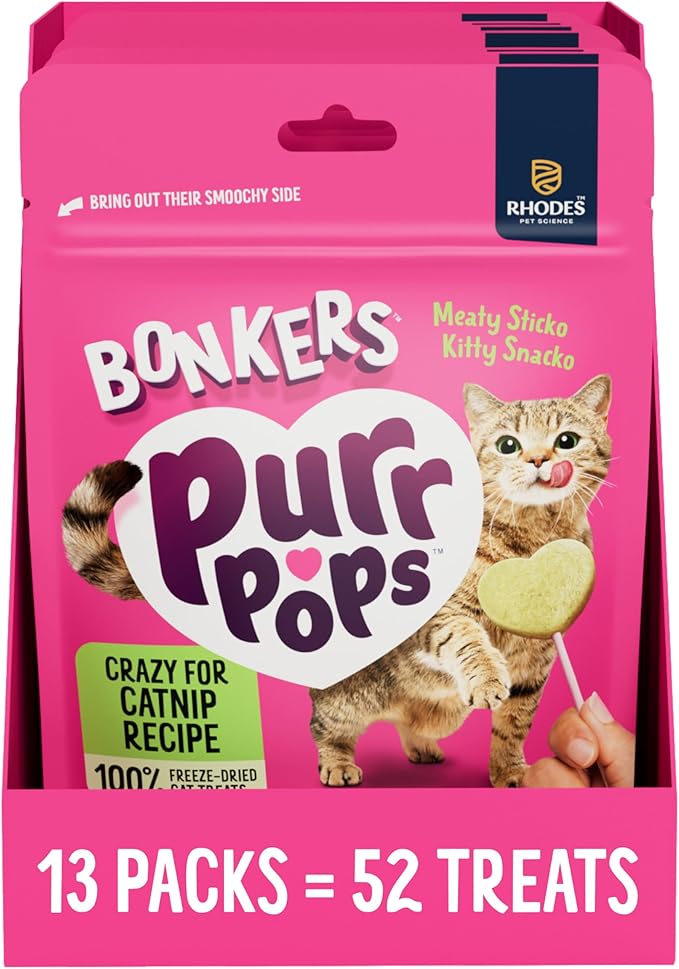 Bonkers Purrpops, Freeze Dried Catnip Flavor Lollipop Cat Treats, Healthy Single Ingredient Treats, Training Treats or Food Topper, for All Breeds and Ages, Value Pack (13 Pack, 52 Pieces)