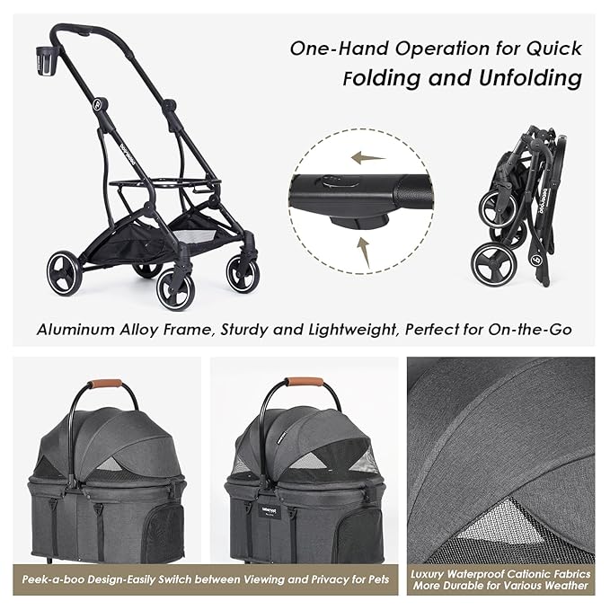 T3 Foldable Pet Stroller for Small Dogs & Cats – 3-in-1 Lightweight Design, 180° Canopy & Detachable Carrier (Black)