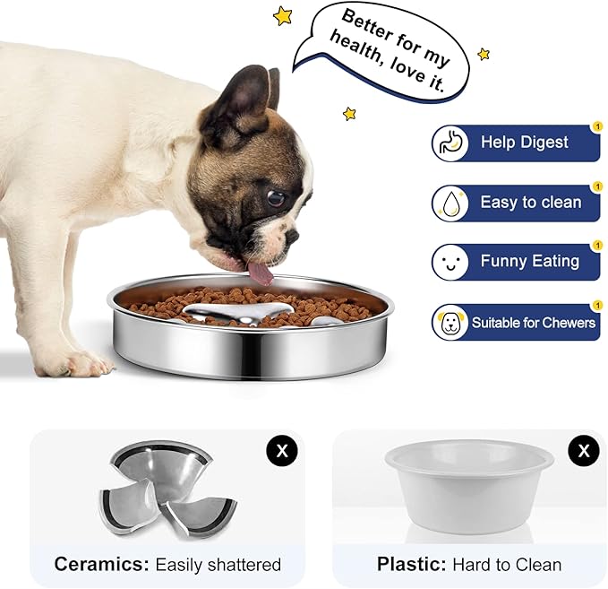 Slow Feeder Dog Bowls 304 Stainless Steel, 2 Cups Metal Food Bowls, Water Bowl for Small & Medium Sized Dogs, Fun Bloat Stop Pet Fast Eaters