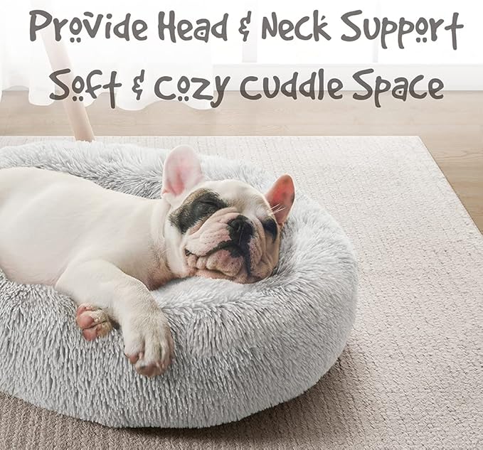 Friends Forever Donut Dog Bed Faux Fur Fluffy Calming Sofa For Large Dogs, Soft & Plush Anti Anxiety Pet Couch For Dogs, Machine Washable Coco Pet Bed with Non-Slip Bottom, 36"x36"x8" Ivory