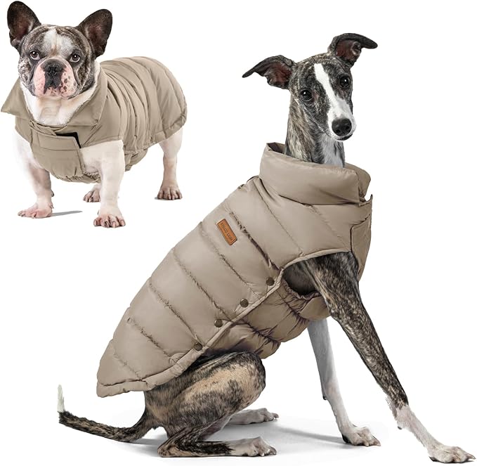 SPACE LION Puffer Jacket, Down Winter Coat, Waterproof, Windproof, Lightweight Jacket, Adjustable Fit for Small Dogs(Khaki,S)