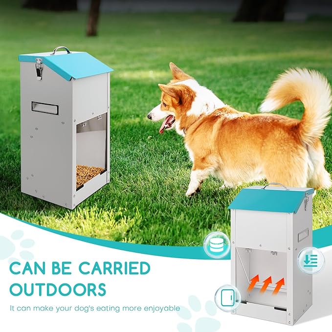 Automatic Dog Feeder with Handle,15lbs Galvanized Gravity Dog Food Dispenser and Hanging Dogs Auto Feeder for Medium and Small Size Animals