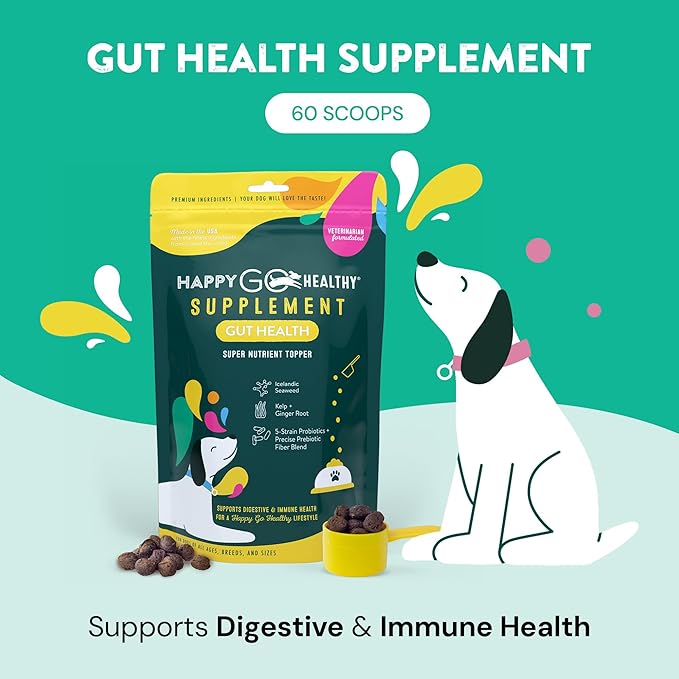 Dog Gut Health Probiotics Supplement | Improves Digestive Health and Immune System Support for Dogs and Puppies | All Natural Ingredients Tasty Kibble Dog Food Topper | 60 Count Pack