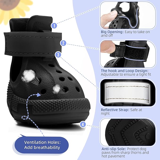 Lukovee Dog Shoes for Hot Pavement - Breathable Non Slip Dog Sandals with Reflective Stripes, Easy ON & Off, Easy-Clean Summer Outdoor Pet Boots for Small Medium Large Dogs (Black, Size 2)