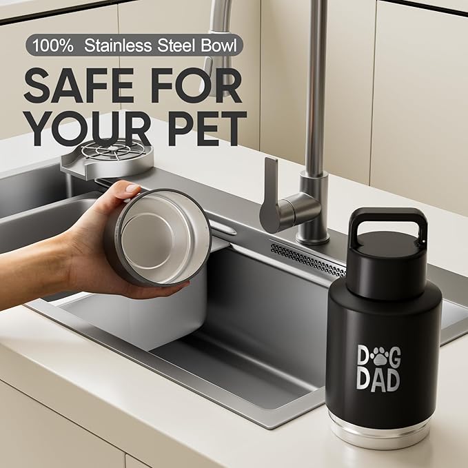 Insulated Dog Water Bottle with Travel Bowl, Portable Water Bottle Dispenser, Accessories for Car, Hiking, Camping, Outdoor, Leak-Proof, Detachable (DogDad-Black)