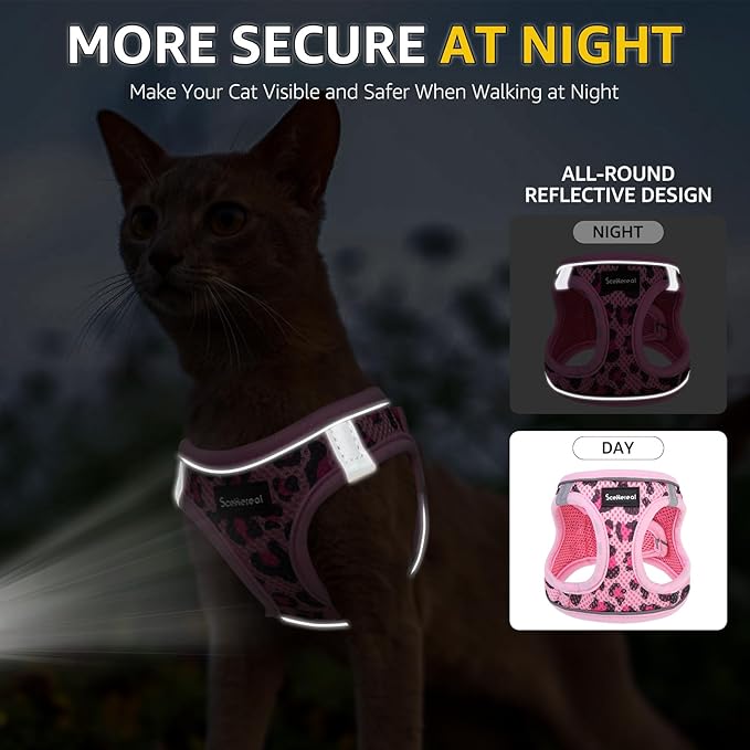 SCENEREAL Cat Harness & Leash Set Escape Proof - Adjustable Air Mesh Vest with Reflective Strips for Kittens, Puppies, Rabbits, Pink Leopard M