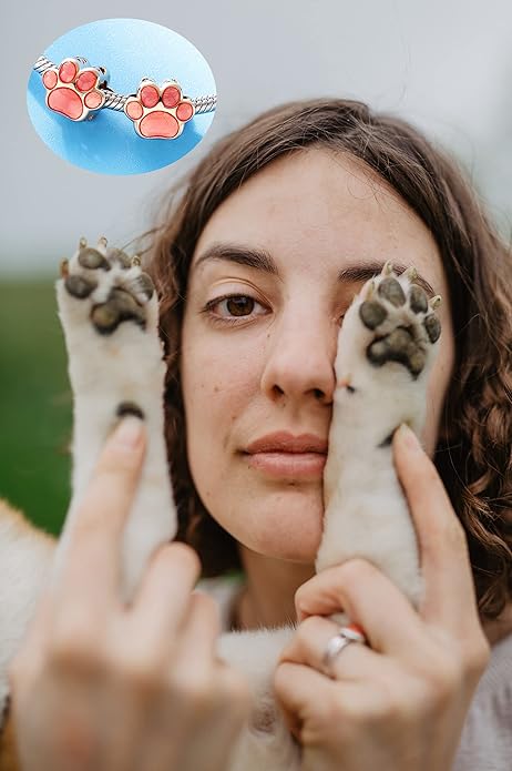GEMDAZZ Sparkling Puppy Paw Print Charms in 925 Sterling Silver, Pave Dog Pawprint CZ Round Beads and Always in My Heart Charms, Gift for Animal Lover, fit European Women Bracelet/Necklace