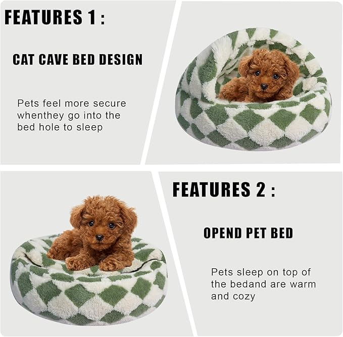 HYQ Cat Beds for Indoor Cats, Small Dog Bed with Cover Cave, Cozy Cat Cave Bed, Round Puppy Bed with Hooded Cover, Dog Beds for Small Dogs with Anti-Slip Bottom(Green, 16×16 Inch)