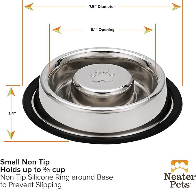 Neater Pet Brands Stainless Steel Slow Feed Bowl - Non-Tip & Non-Skid - Stops Dog Food Gulping, Bloat, Indigestion, and Rapid Eating (3/4 Cup)