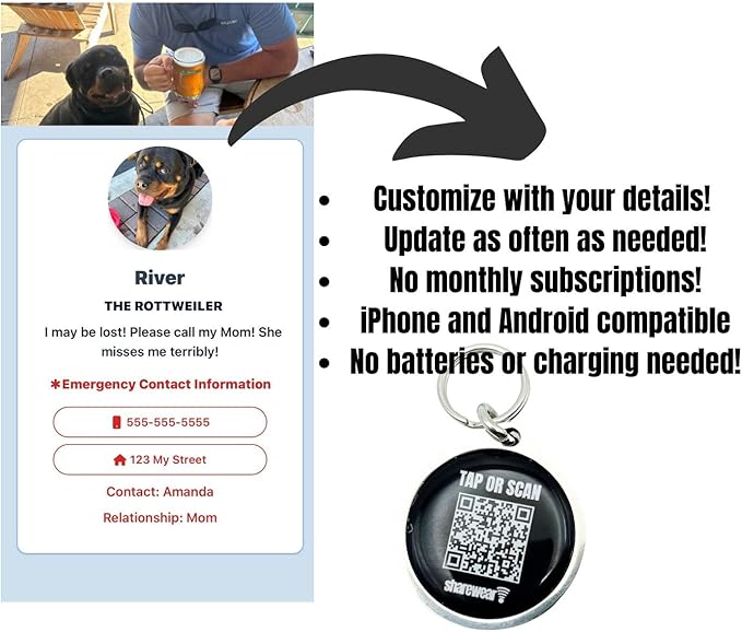 Waterproof NFC & QR Code Smart Pet ID Tag, Free Modifiable Digital Profile, No Subscriptions, No Apps Needed, Compatible with Smartphones. (White)