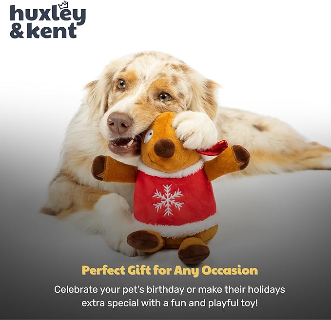 Huxley & Kent Funny Dog Toy w/Squeaker – Holiday Power Plush Squeaky Dog Toys for Small, Medium & Large Dogs – Soft Stuffed Animal for Indoor Play & Fetch - Rocky Reindeer, Small