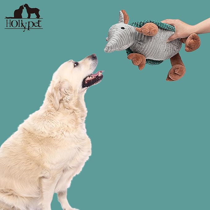 Hollypet Plush Dog Squeaky Toy Stuffed Armadillo Animal Pet Puppy Chew Toys with Clean Teeth for Small Medium Large All Breed Sizes Dogs, Deep Green, 14 in