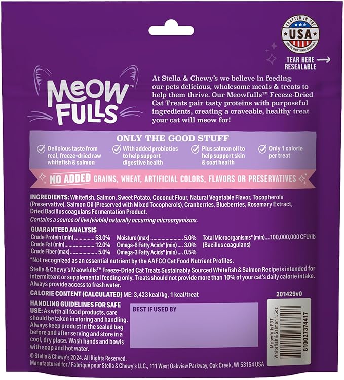Stella & Chewy's Meowfulls Freeze Dried Cat Treats - Whitefish & Salmon Recipe - Raw Protein with Probiotics & Salmon Oil - 1 Calorie Per Treat - 1.5 oz