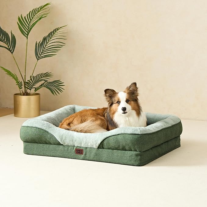 EHEYCIGA Memory Foam Dog Bed for Medium Size, Orthopedic Dog Sofa with Sides and Waterproof Liner, Washable Bolster Pet Couch with Removable Cover, 35x22x6.5 Inch, Green