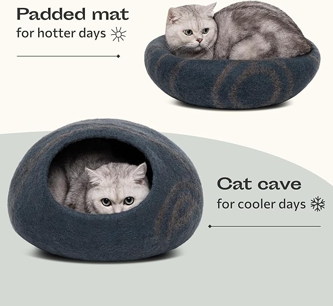 MEOWFIA Cat Cave – Premium Felt Cat Bed for Indoor Cats, Handmade 100% Merino Wool (Dark Shades) (Medium, Slate Grey)