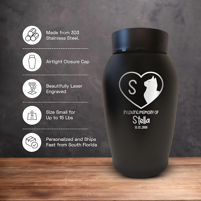 Personalized Custom Small Keepsake Urn Engraved with Pet Name, Date and Cat Design - 5.2" Black Powder Coated Steel Cremation Urn for Cat Ashes | 12-16 lb Capacity, Silhouette Inside Heart Shape