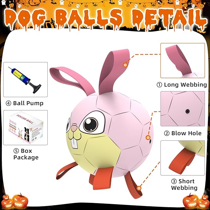 QDAN Rabbit Dog Toys Soccer Ball with Straps, Easter Day Dog Toys for Medium Small Dogs (6 Inch)