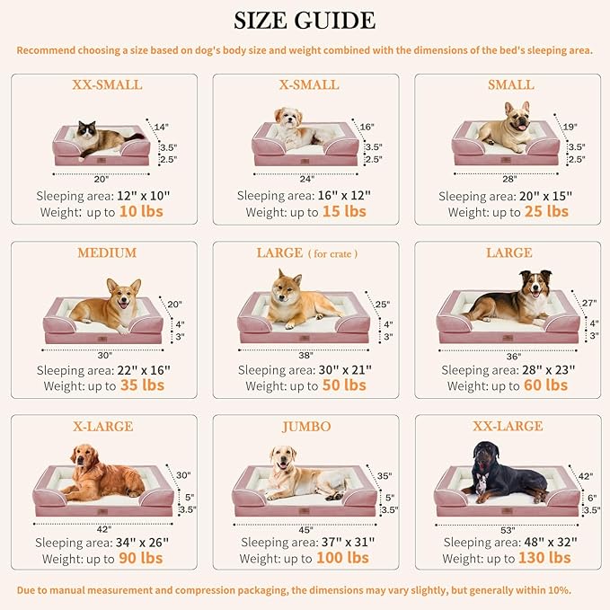 Comfort Expression Waterproof Orthopedic Foam Dog Beds Extra Large Dogs, XL Dog Bed with Bolster, Washable Pet Sofa Couch with Removable Cover & Non-Slip Bottom(X-Large,Pink)